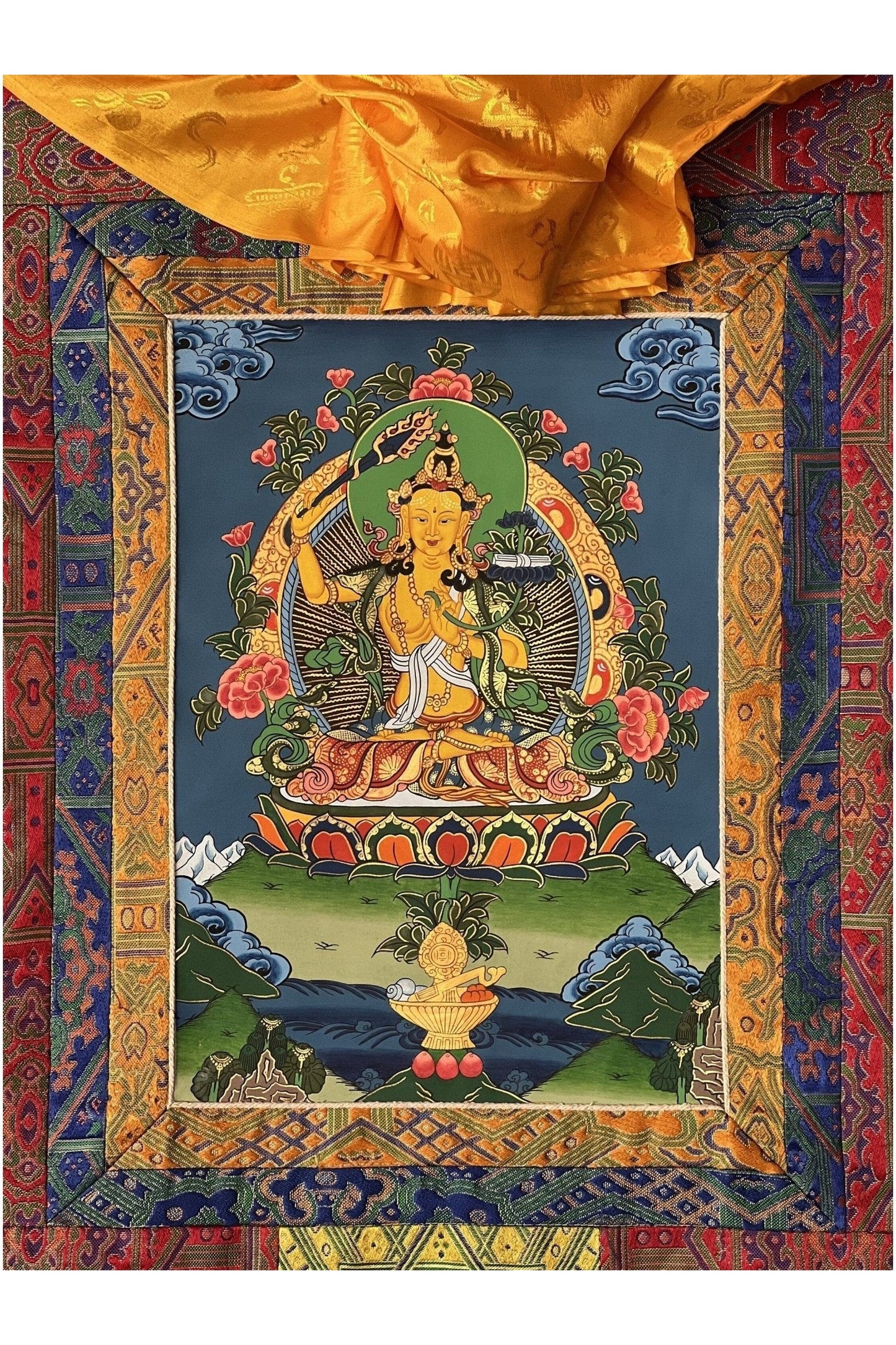 Manjushri or Manjushree Wisdom Bodhisattva Original Masterpiece Tibetan Thangka Painting, Meditation Art With High Quality Silk Brocade - Tibetan Thangka Art