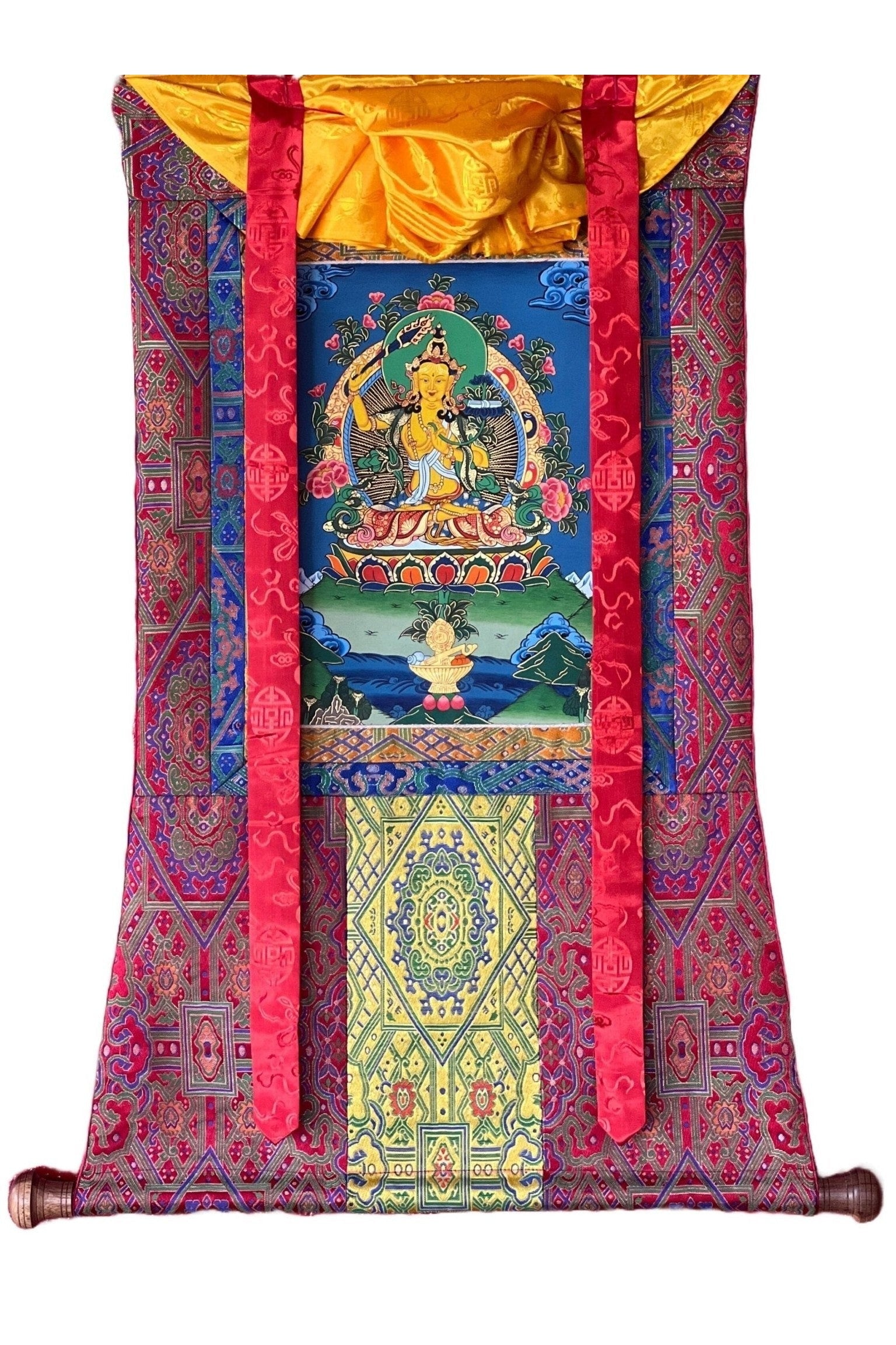 Manjushri or Manjushree Wisdom Bodhisattva Original Masterpiece Tibetan Thangka Painting, Meditation Art With High Quality Silk Brocade - Tibetan Thangka Art