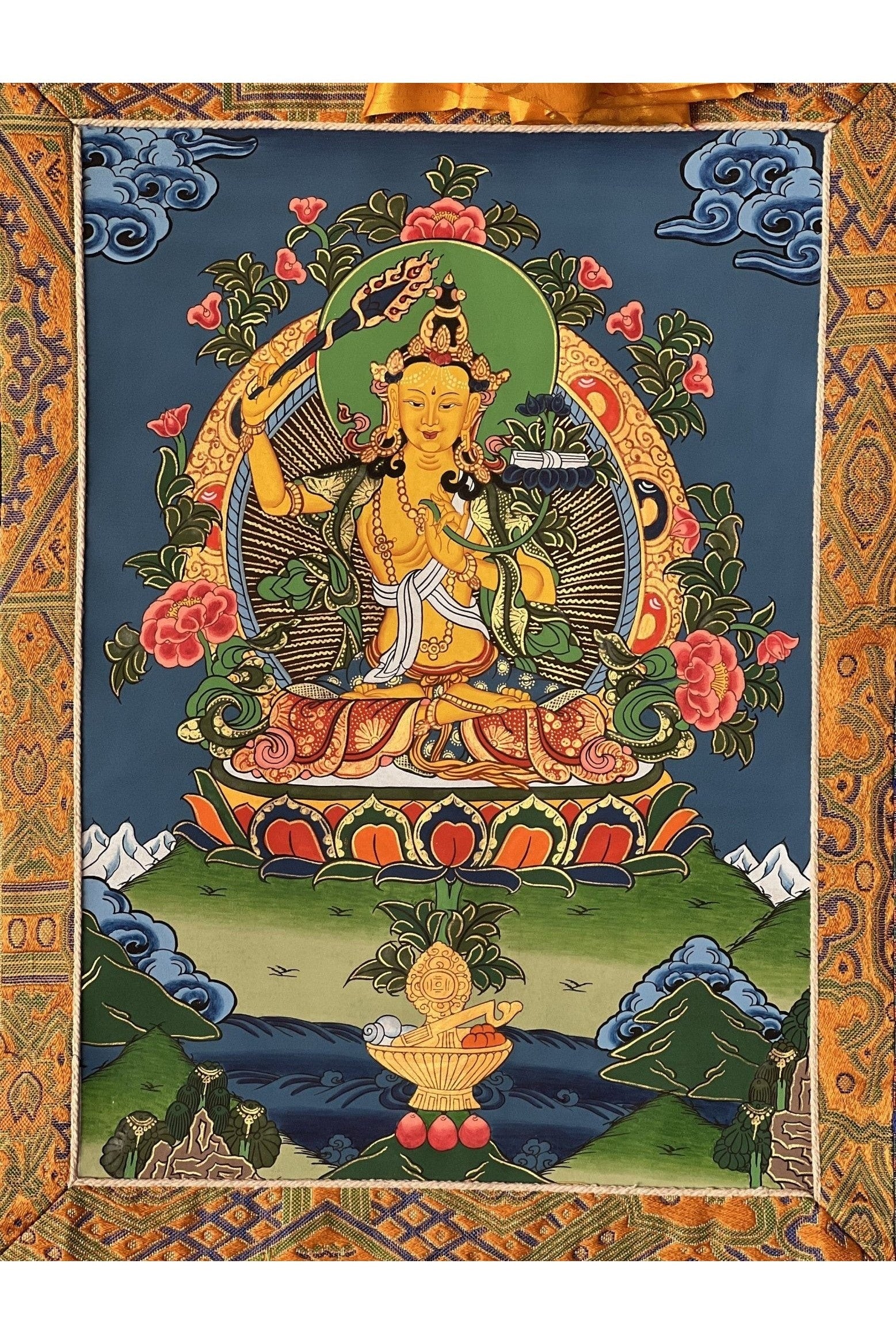 Manjushri or Manjushree Wisdom Bodhisattva Original Masterpiece Tibetan Thangka Painting, Meditation Art With High Quality Silk Brocade - Tibetan Thangka Art