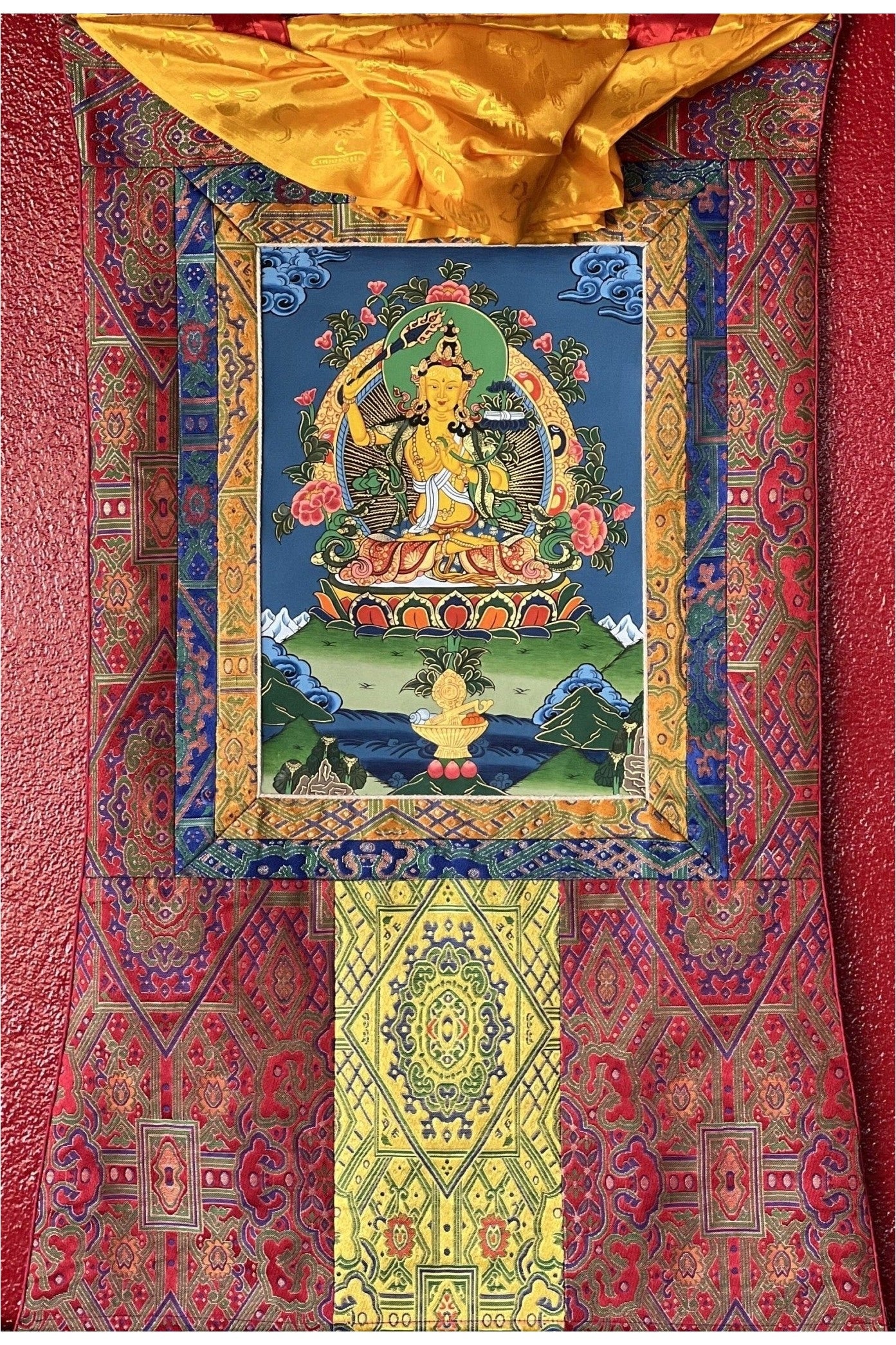 Manjushri or Manjushree Wisdom Bodhisattva Original Masterpiece Tibetan Thangka Painting, Meditation Art With High Quality Silk Brocade - Tibetan Thangka Art