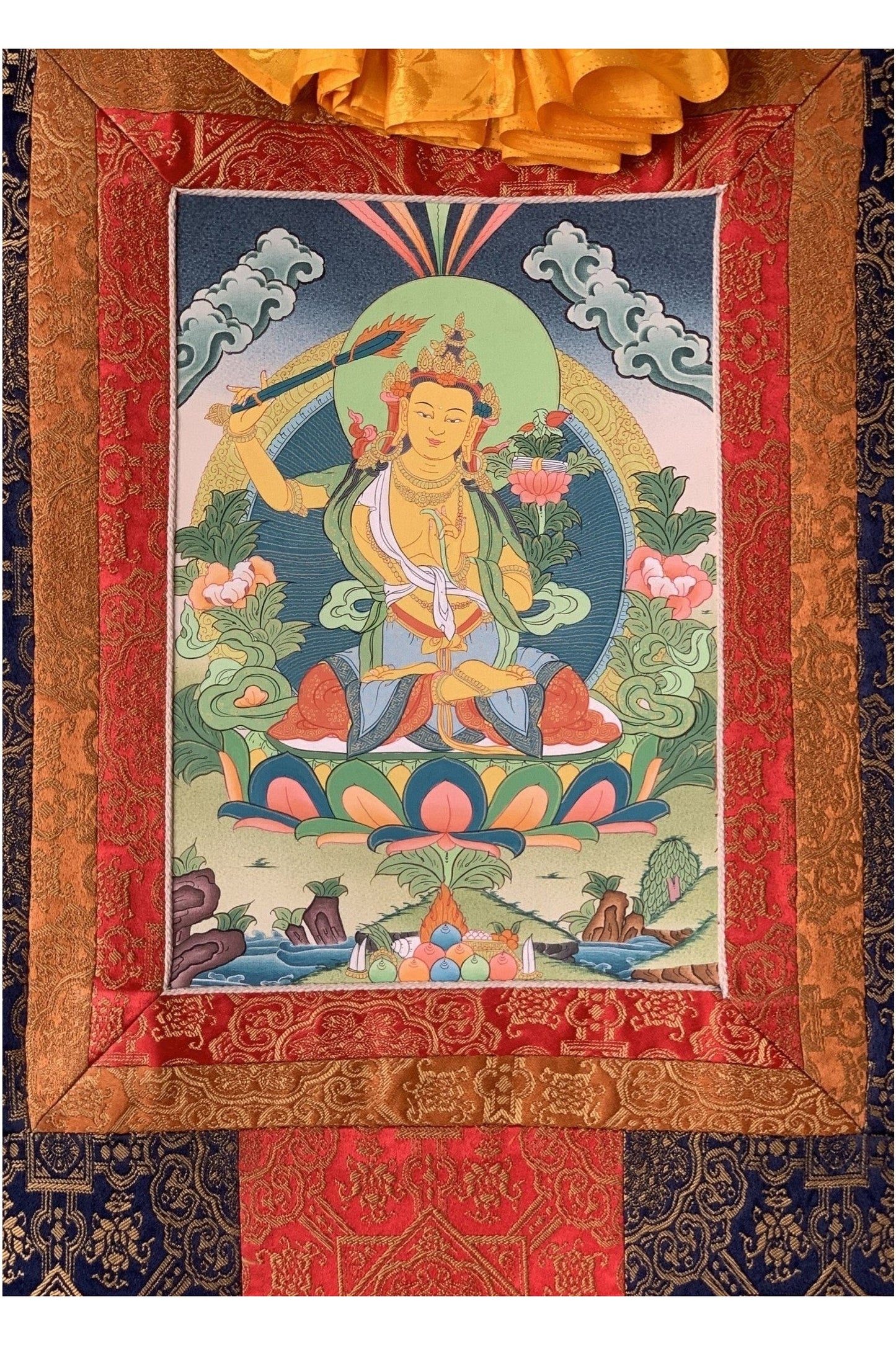 Manjushri/Manjusri/ Manjushree Bodhisattva of Divine Wisdom Tibetan Thangka Painting, Original Hand - painted Art with Premium Silk Brocade - Tibetan Thangka Art