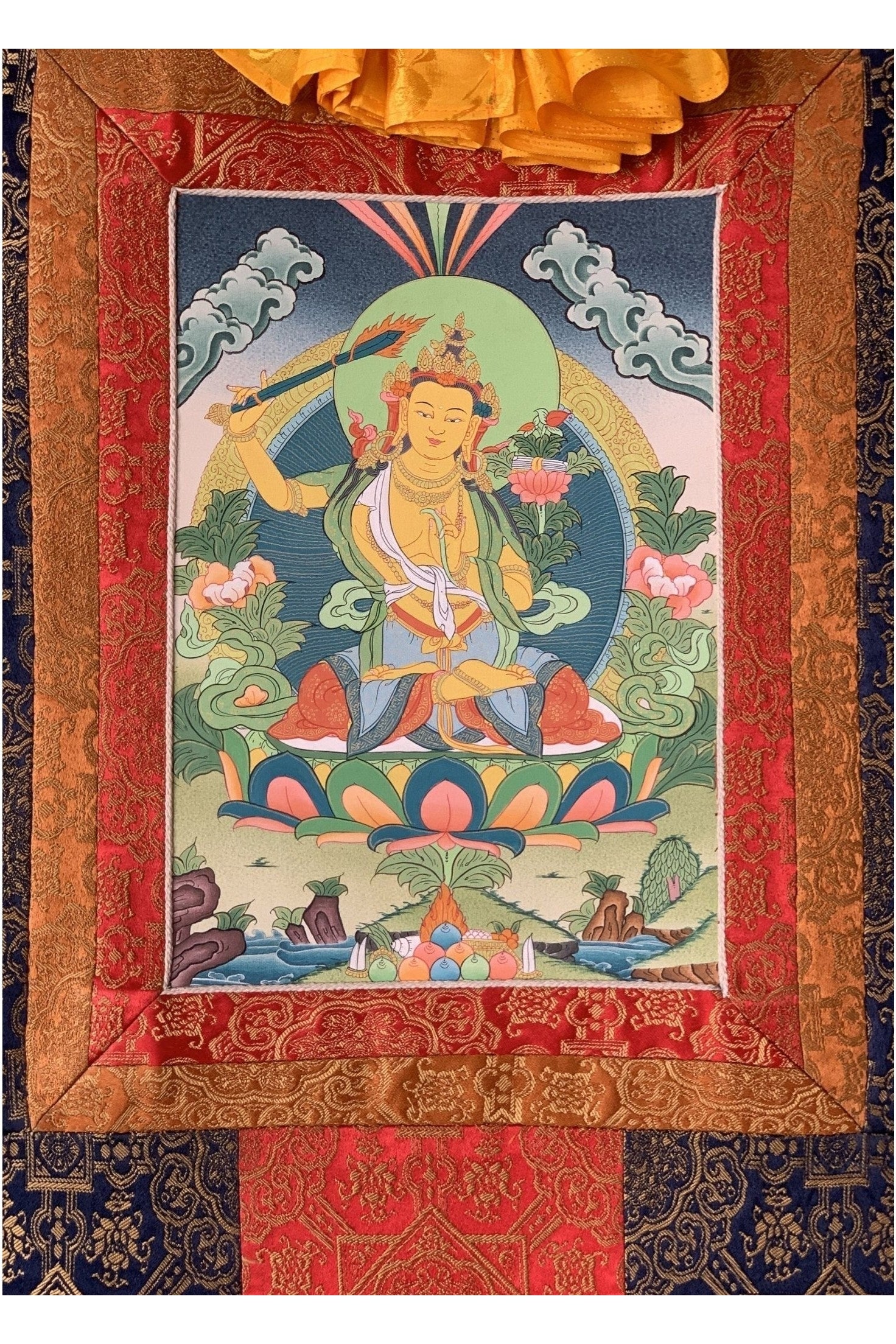 Manjushri/Manjusri/ Manjushree Bodhisattva of Divine Wisdom Tibetan Thangka Painting, Original Hand - painted Art with Premium Silk Brocade - Tibetan Thangka Art