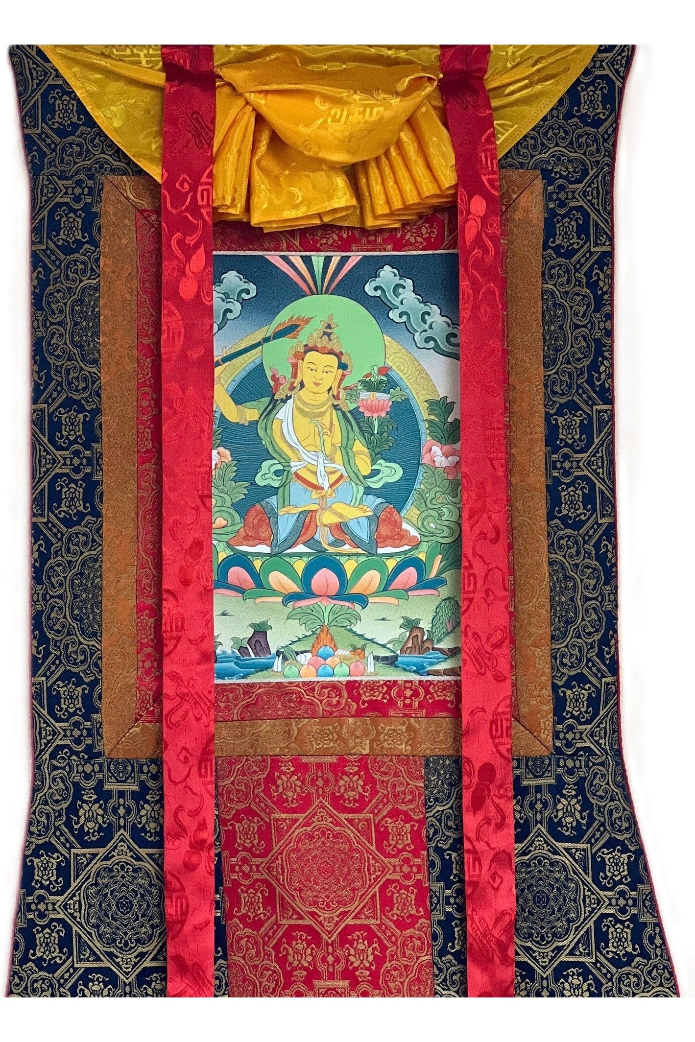 Manjushri/Manjusri/ Manjushree Bodhisattva of Divine Wisdom Tibetan Thangka Painting, Original Hand - painted Art with Premium Silk Brocade - Tibetan Thangka Art