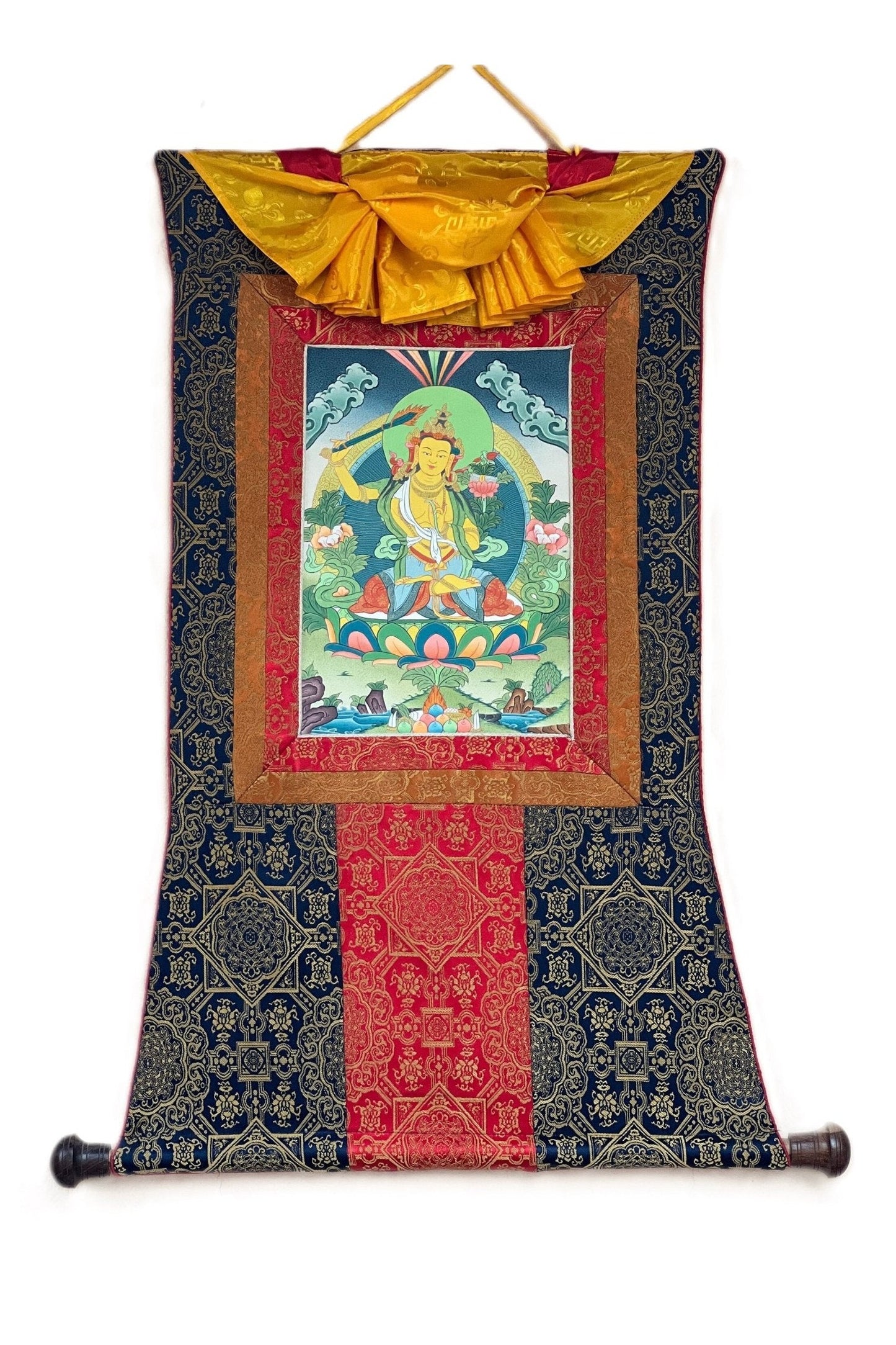 Manjushri/Manjusri/ Manjushree Bodhisattva of Divine Wisdom Tibetan Thangka Painting, Original Hand - painted Art with Premium Silk Brocade - Tibetan Thangka Art