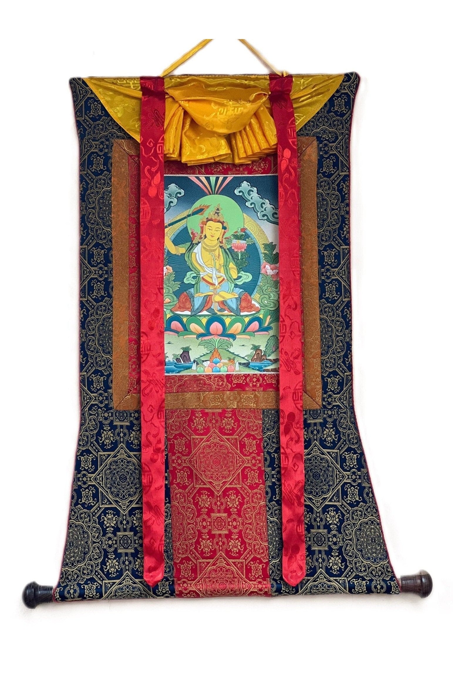 Manjushri/Manjusri/ Manjushree Bodhisattva of Divine Wisdom Tibetan Thangka Painting, Original Hand - painted Art with Premium Silk Brocade - Tibetan Thangka Art