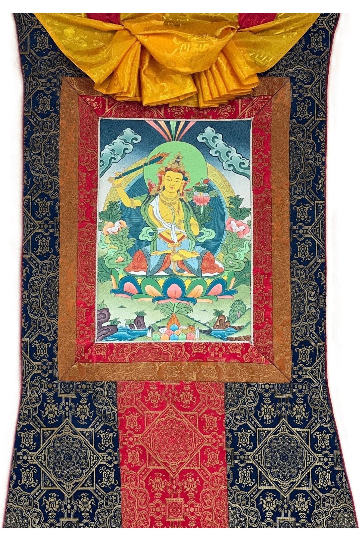 Manjushri/Manjusri/ Manjushree Bodhisattva of Divine Wisdom Tibetan Thangka Painting, Original Hand - painted Art with Premium Silk Brocade - Tibetan Thangka Art