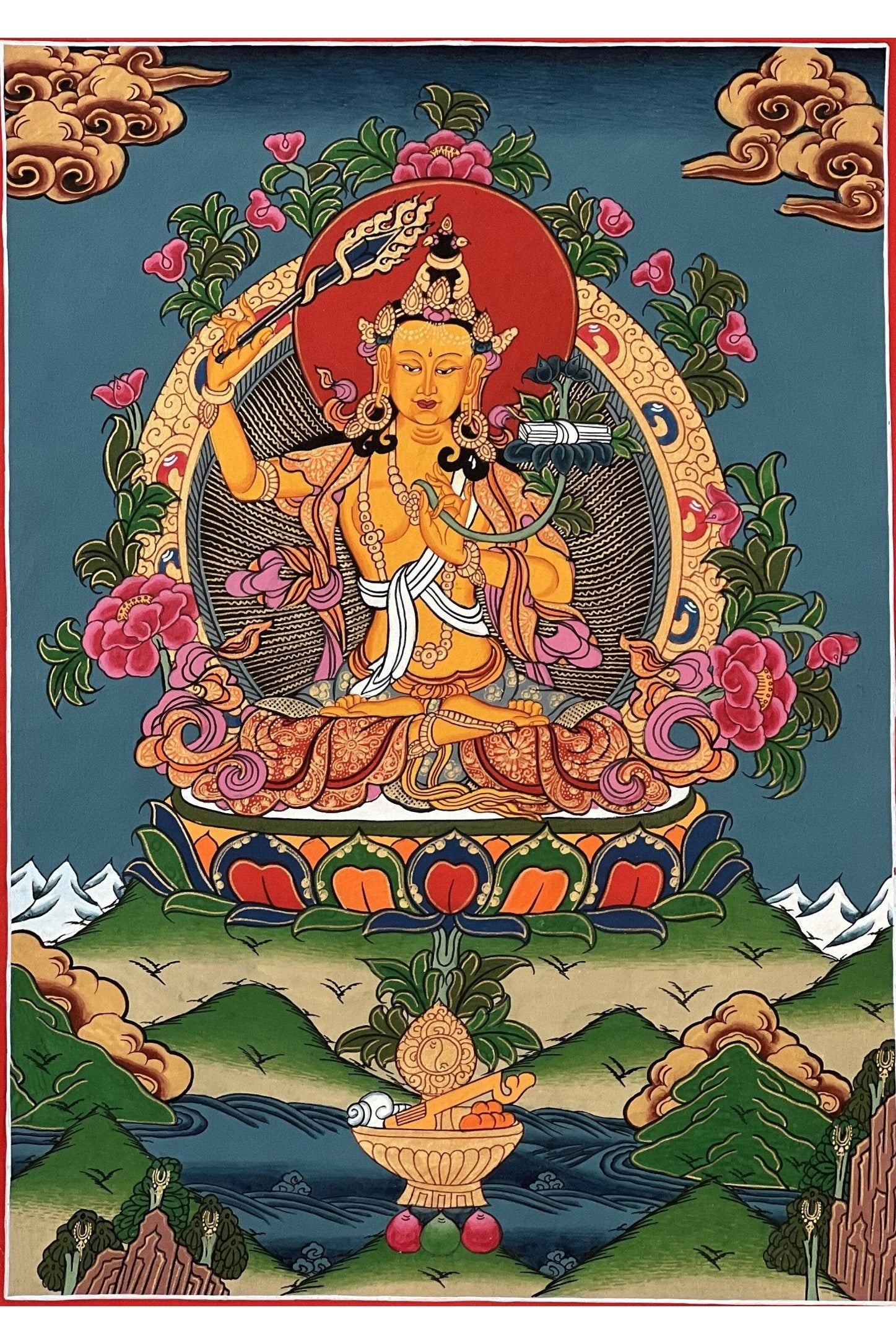 Manjushri/Manjusri/Manjushree Bodhisattva of Wisdom Original Masterpiece Tibetan Thangka Painting - Tibetan Thangka Art