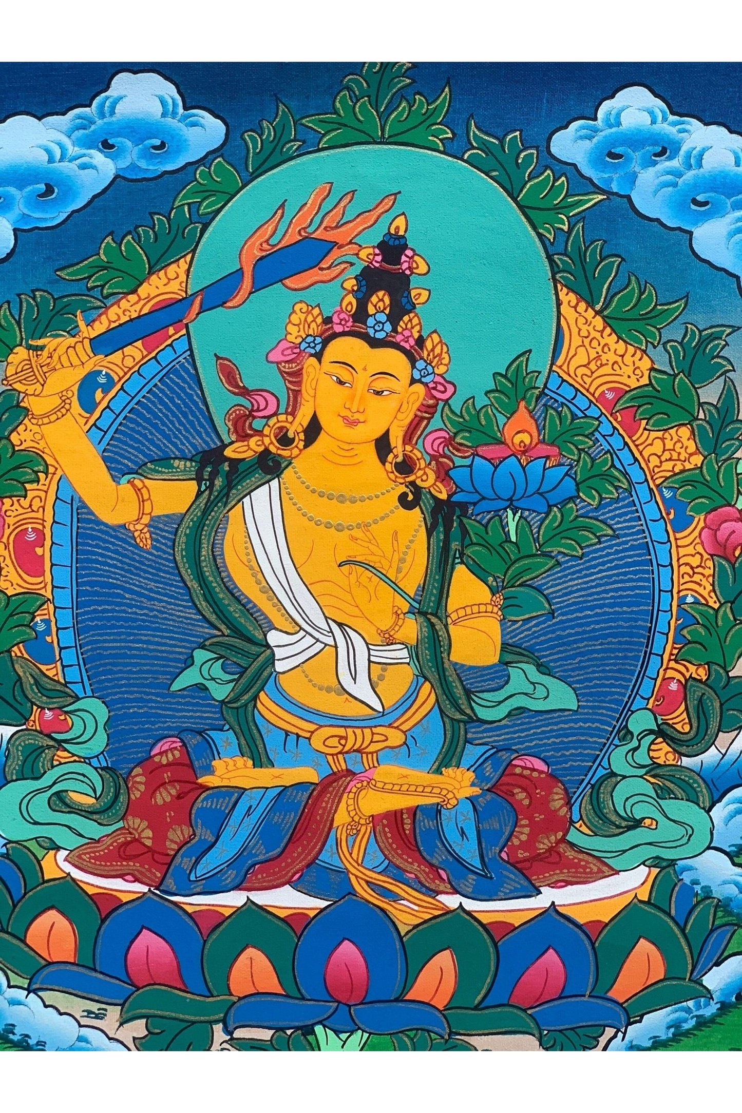 Manjushri/Manjusri/Manjushree Master Quality Hand - painted Original Tibetan Tibetan Thangka Compassion Meditation Art 11 x 15 Inch - Tibetan Thangka Art