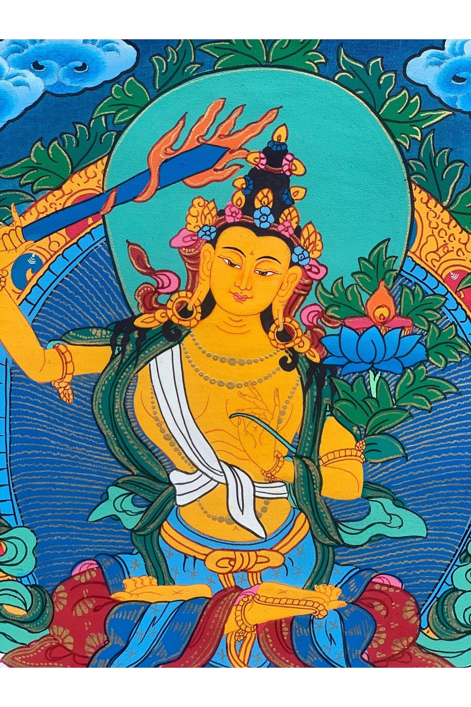 Manjushri/Manjusri/Manjushree Master Quality Hand - painted Original Tibetan Tibetan Thangka Compassion Meditation Art 11 x 15 Inch - Tibetan Thangka Art