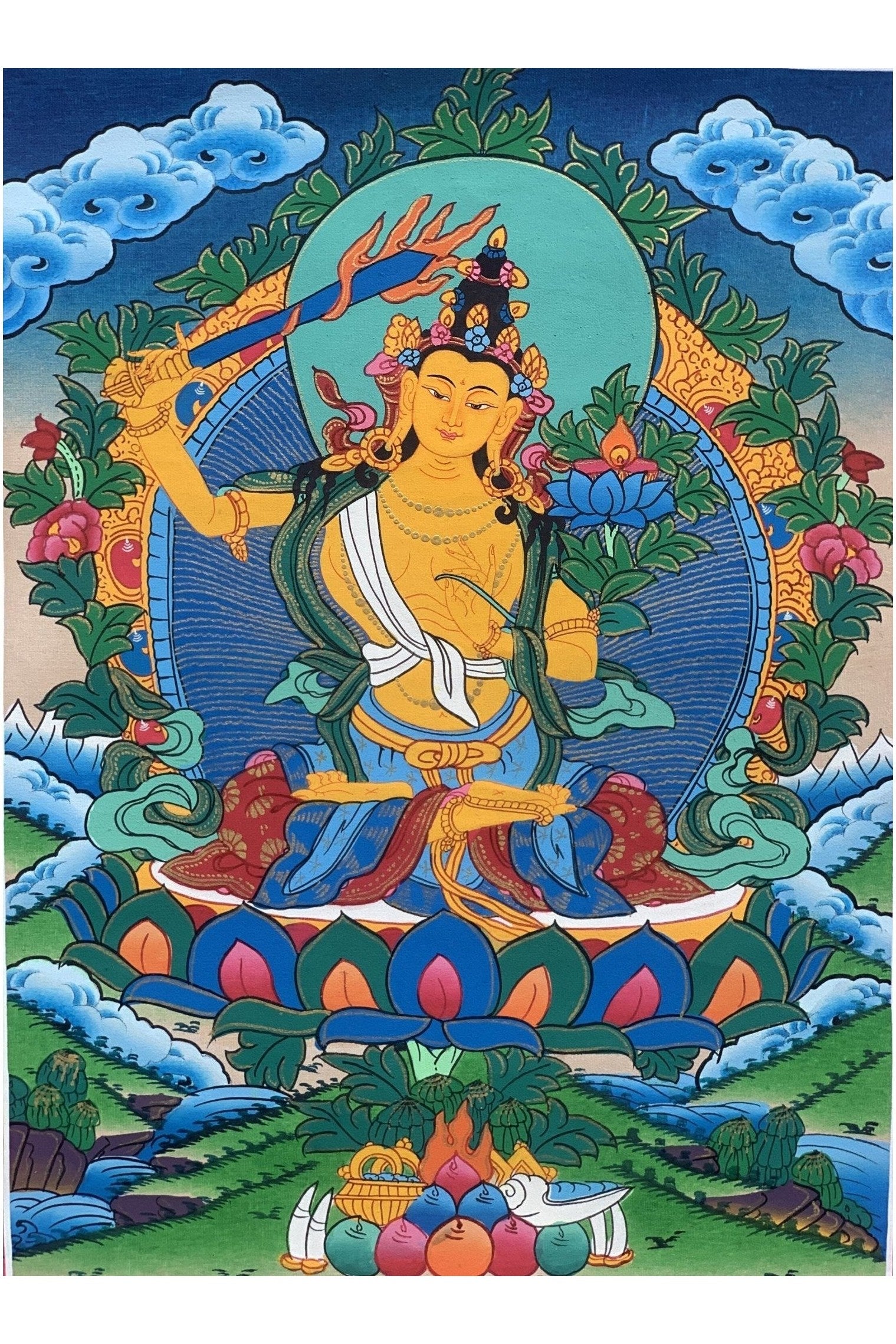 Manjushri/Manjusri/Manjushree Master Quality Hand - painted Original Tibetan Tibetan Thangka Compassion Meditation Art 11 x 15 Inch - Tibetan Thangka Art