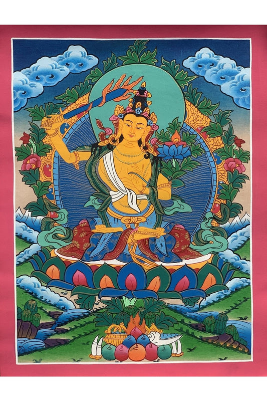 Manjushri/Manjusri/Manjushree Master Quality Hand - painted Original Tibetan Tibetan Thangka Compassion Meditation Art 11 x 15 Inch - Tibetan Thangka Art