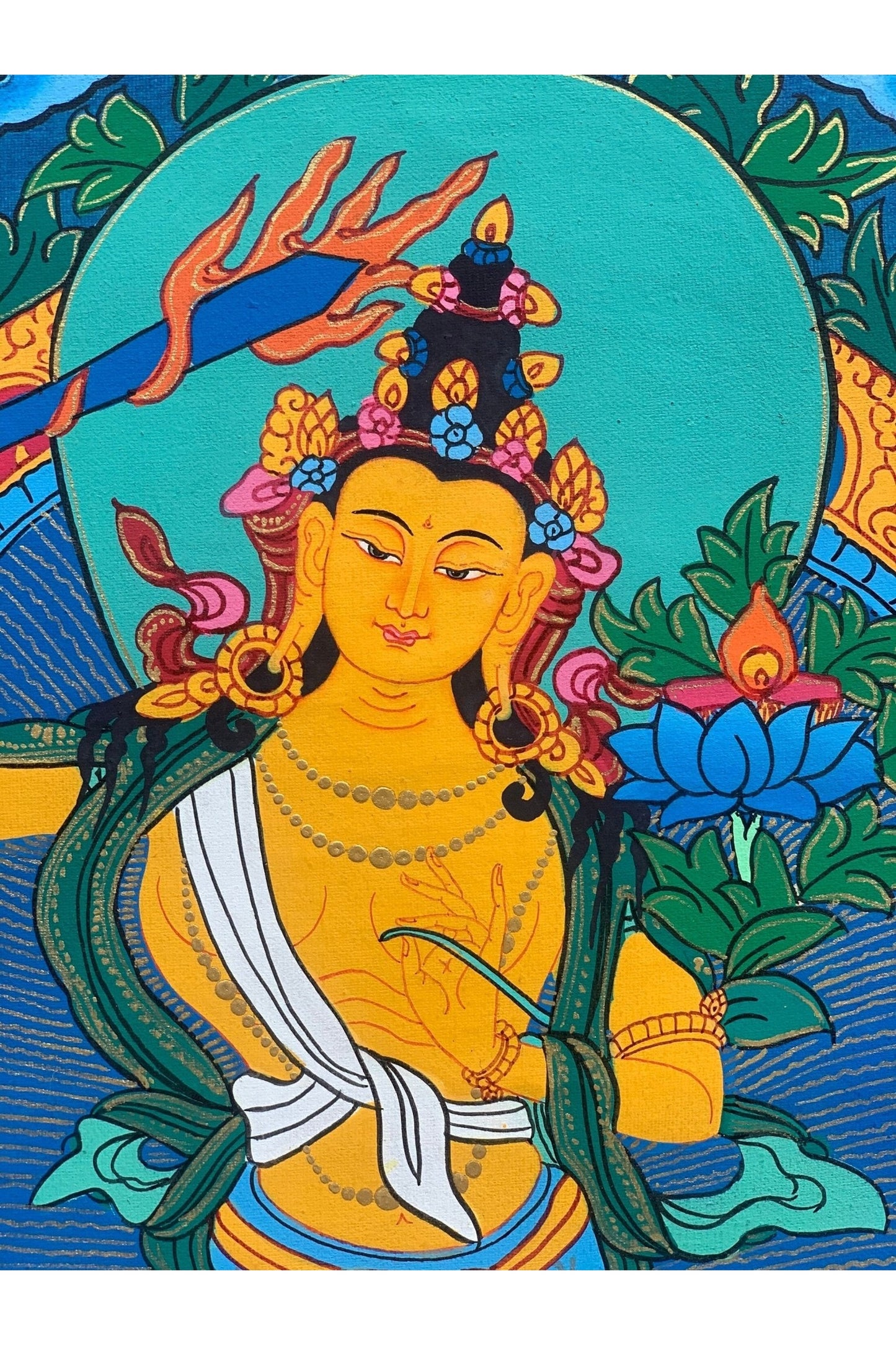 Manjushri/Manjusri/Manjushree Master Quality Hand - painted Original Tibetan Tibetan Thangka Compassion Meditation Art 11 x 15 Inch - Tibetan Thangka Art