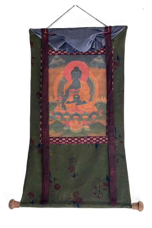 Medicine Buddha/ Bhaisajyaguru Buddha of Healing Tibetan Thangka Painting Old Oil - Varnished/ Original Hand Painting with Cotton Brocade - Tibetan Thangka Art