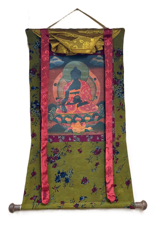 Medicine Buddha/ Bhaisajyaguru Buddha of Healing Tibetan Thangka Painting Old Oil - Varnished Original Hand Painting/Art with Cotton Brocade - Tibetan Thangka Art