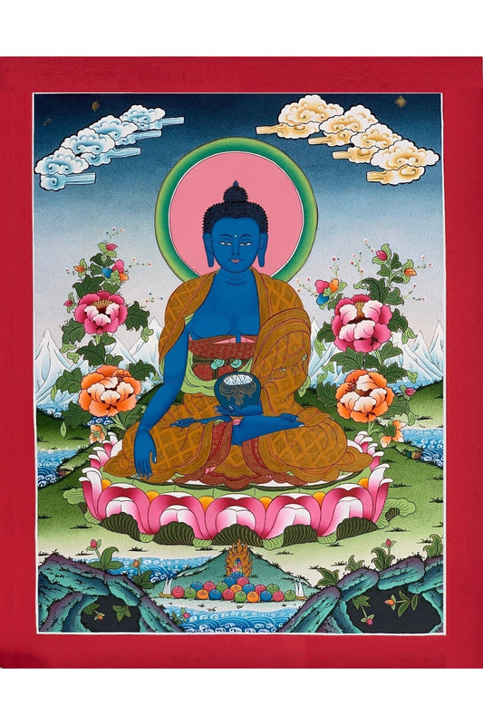 Medicine Buddha/ Bhaisajyaguru/ Master Healer Master - Quality Masterpiece Tibetan Thangka Painting/ Original Buddhist Meditation Art - Tibetan Thangka Art