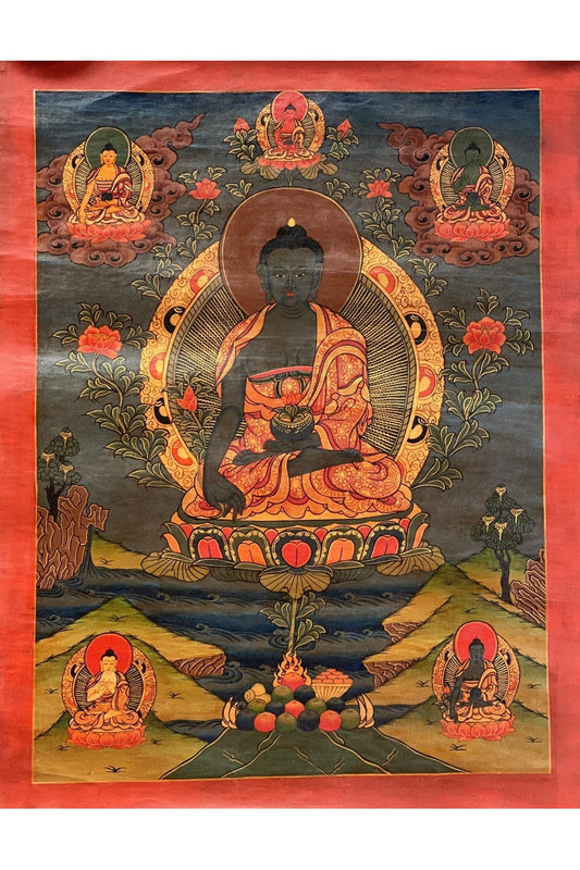 Medicine Buddha/ Bhaisajyaguru/ Master Healer Tibetan Thangka Painting Old Oil - Varnished Original Hand Painting/Buddhist Art - Tibetan Thangka Art