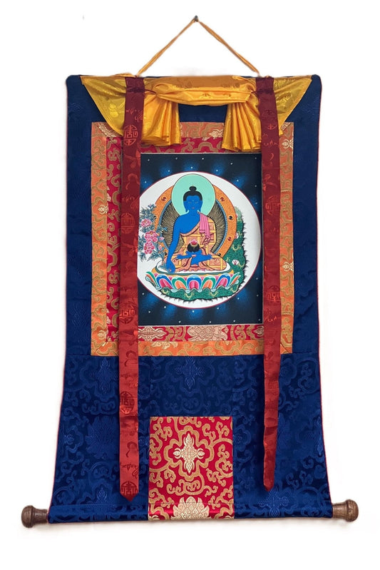 Medicine Buddha/ Bhaisajyaguru Master Heraler High - Quality Masterpiece Tibetan Thangka Painting Original Art with Silk Frame - Tibetan Thangka Art