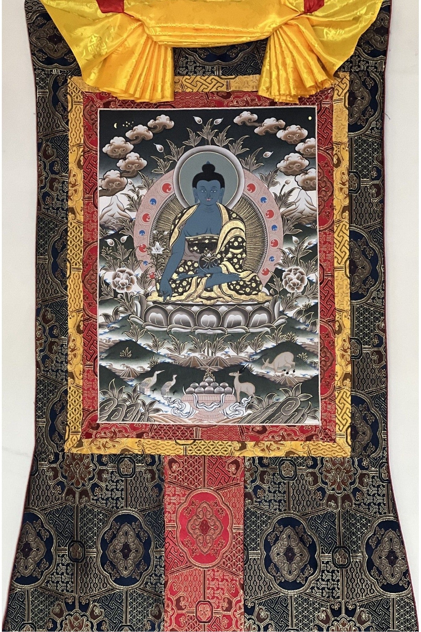 Medicine Buddha/ Bhaisajyaguru/ Master Quality Original Tibetan Thangka Painting/Healing Meditation Art with High Quality Silk Border - Tibetan Thangka Art