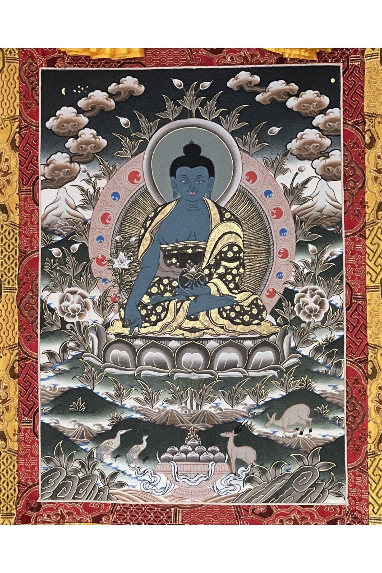 Medicine Buddha/ Bhaisajyaguru/ Master Quality Original Tibetan Thangka Painting/Healing Meditation Art with High Quality Silk Border - Tibetan Thangka Art