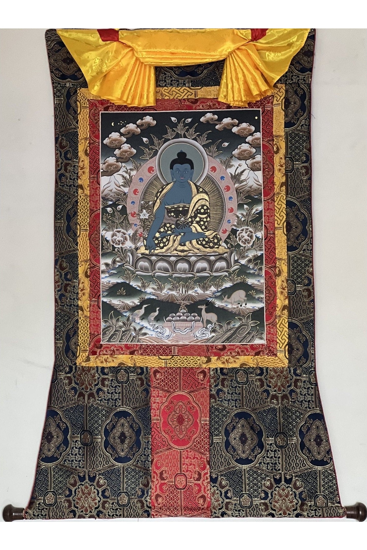 Medicine Buddha/ Bhaisajyaguru/ Master Quality Original Tibetan Thangka Painting/Healing Meditation Art with High Quality Silk Border - Tibetan Thangka Art