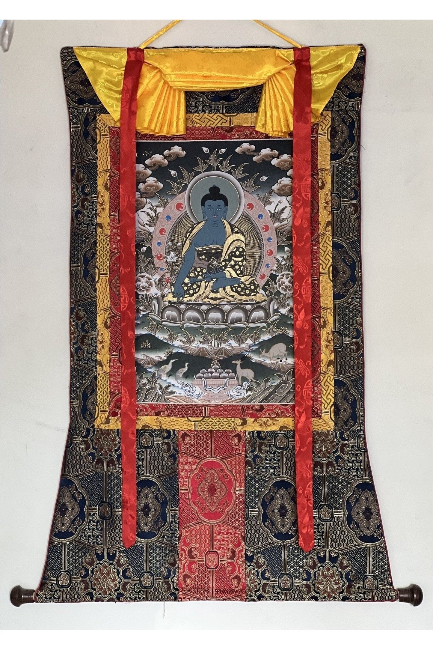 Medicine Buddha/ Bhaisajyaguru/ Master Quality Original Tibetan Thangka Painting/Healing Meditation Art with High Quality Silk Border - Tibetan Thangka Art