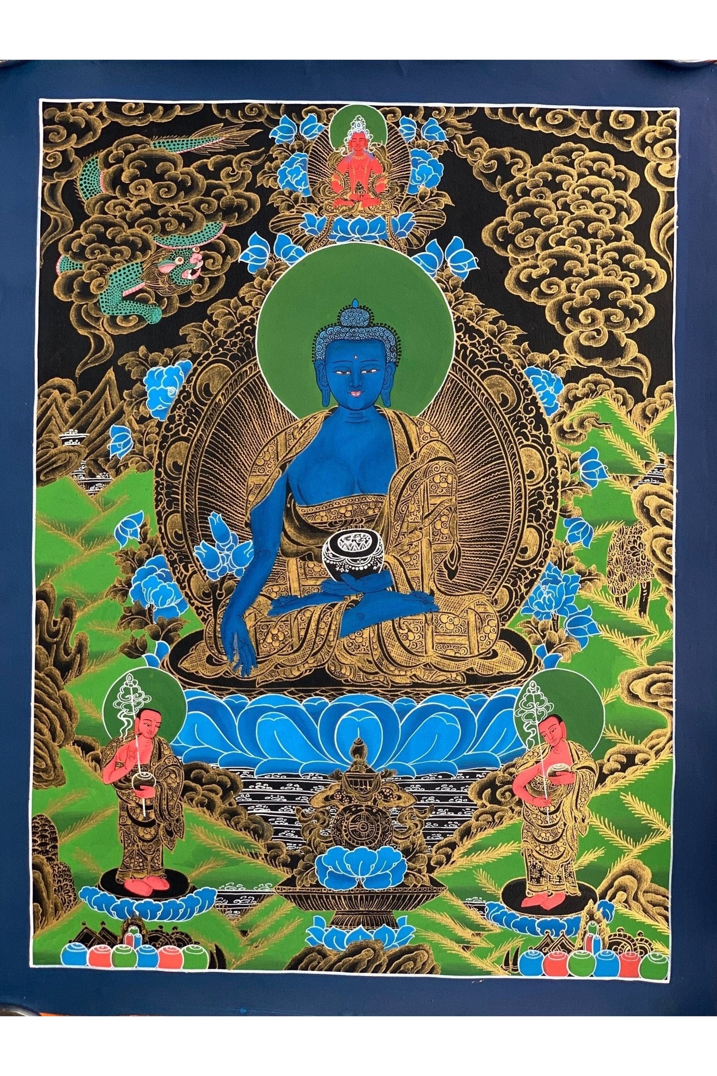 Medicine Buddha, Bhaisajyaguru, Master Quality Thangka Painting, Original Art 18 x 24 - Inch - Tibetan Thangka Art