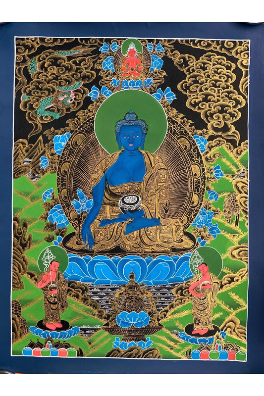 Medicine Buddha, Bhaisajyaguru, Master Quality Thangka Painting, Original Art 18 x 24 - Inch - Tibetan Thangka Art