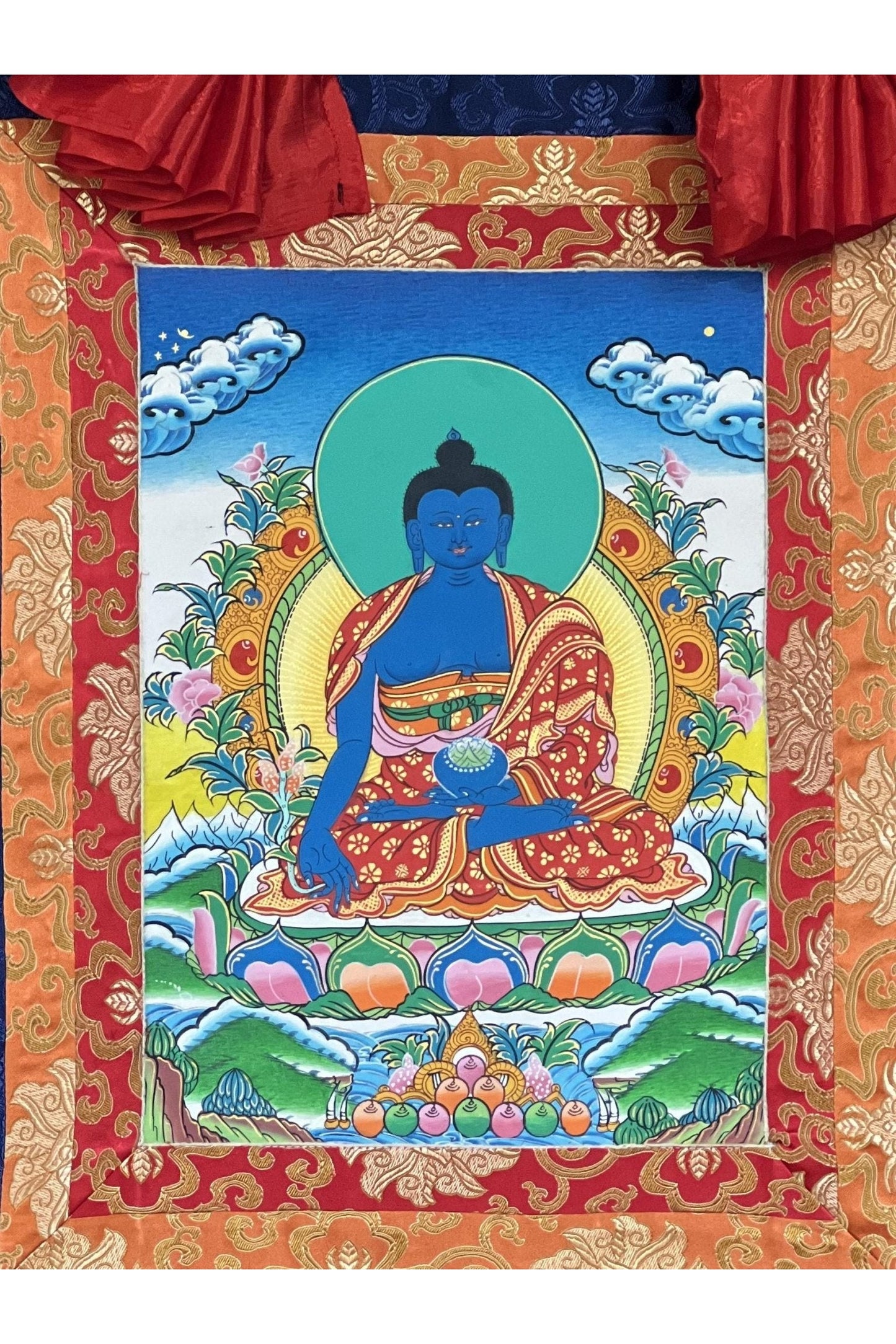 Medicine Buddha/ Bhaisajyaguru/ Medicine Guru High - Quality Masterpiece Tibetan Thangka Painting Original Hand - Painted Art with Silk Frame - Tibetan Thangka Art