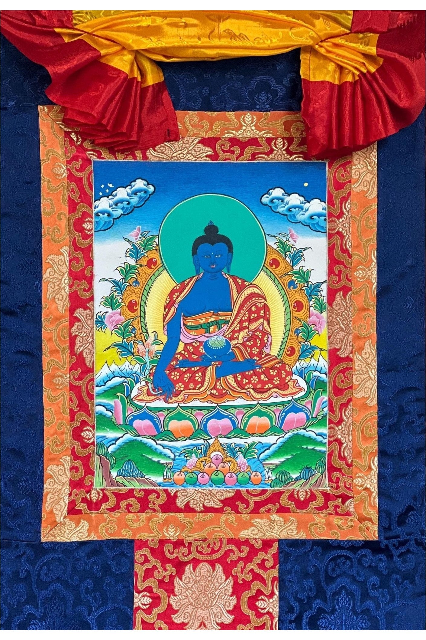 Medicine Buddha/ Bhaisajyaguru/ Medicine Guru High - Quality Masterpiece Tibetan Thangka Painting Original Hand - Painted Art with Silk Frame - Tibetan Thangka Art