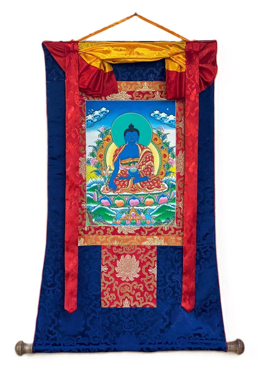 Medicine Buddha/ Bhaisajyaguru/ Medicine Guru High - Quality Masterpiece Tibetan Thangka Painting Original Hand - Painted Art with Silk Frame - Tibetan Thangka Art