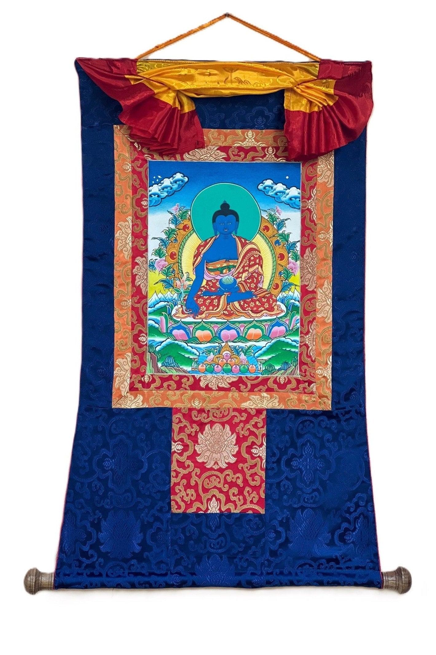 Medicine Buddha/ Bhaisajyaguru/ Medicine Guru High - Quality Masterpiece Tibetan Thangka Painting Original Hand - Painted Art with Silk Frame - Tibetan Thangka Art