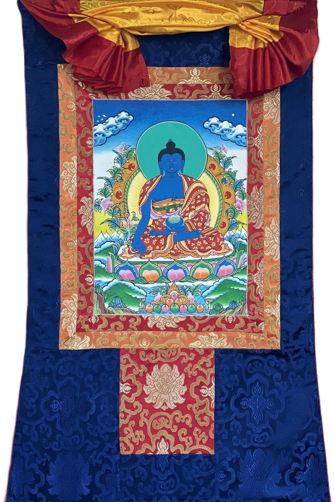 Medicine Buddha/ Bhaisajyaguru/ Medicine Guru High - Quality Masterpiece Tibetan Thangka Painting Original Hand - Painted Art with Silk Frame - Tibetan Thangka Art