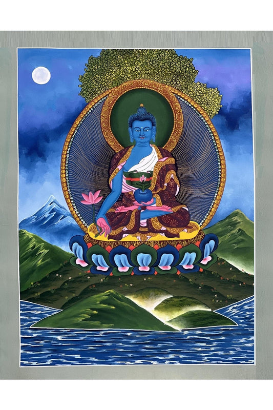 Medicine Buddha/ BhaisajyaGuru / Medicine Master Healer / Newari Paubha Style Tibetan Thangka Painting/ Original Buddhist Art - Tibetan Thangka Art