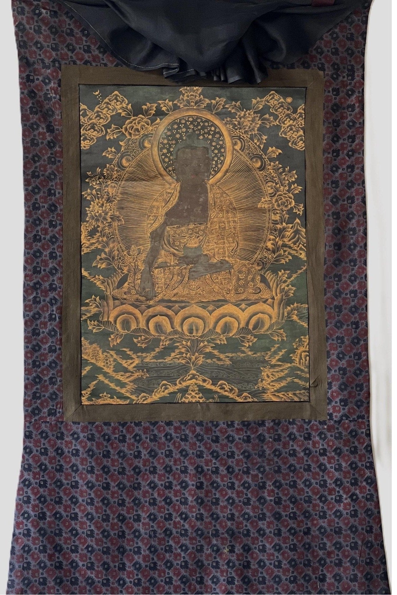 Medicine Buddha/ Bhaisajyaguru Tibetan Thangka Painting Old Oil - Varnished Original Hand Painting/Art with Cotton Brocade - Tibetan Thangka Art