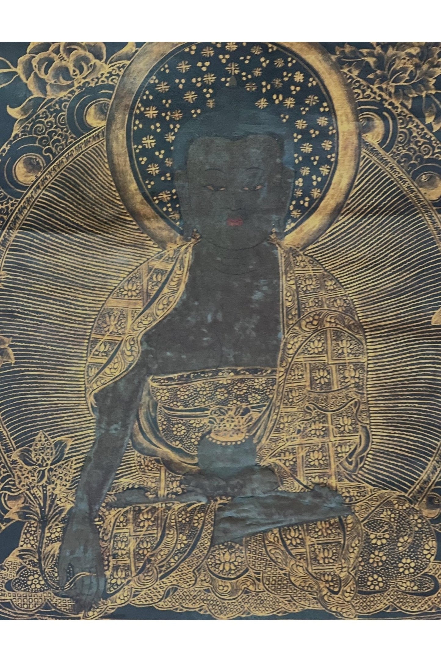 Medicine Buddha/ Bhaisajyaguru Tibetan Thangka Painting Old Oil - Varnished Original Hand Painting/Art with Cotton Brocade - Tibetan Thangka Art