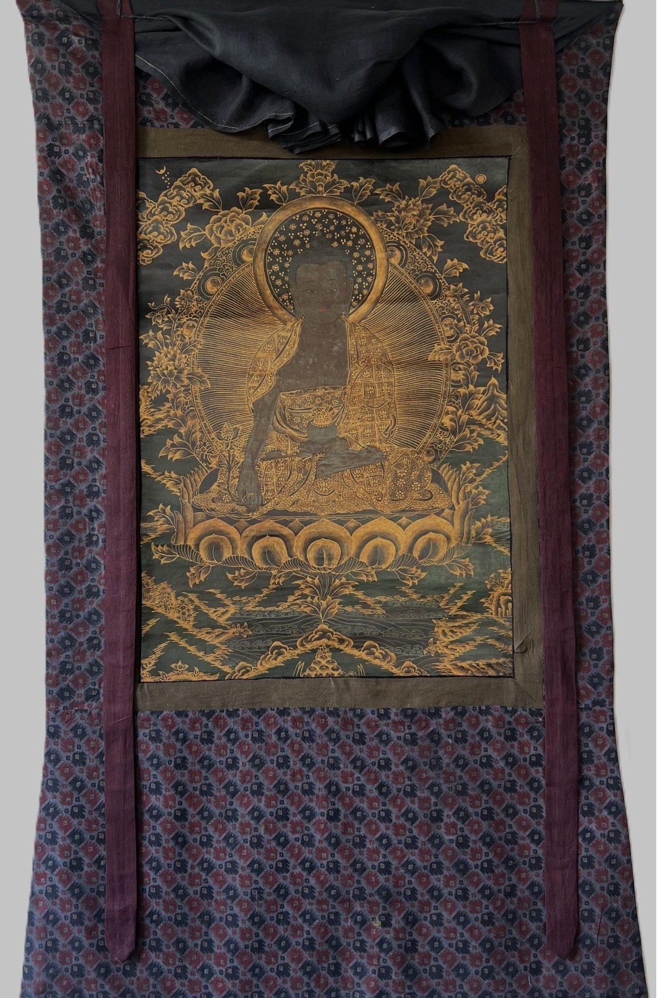 Medicine Buddha/ Bhaisajyaguru Tibetan Thangka Painting Old Oil - Varnished Original Hand Painting/Art with Cotton Brocade - Tibetan Thangka Art