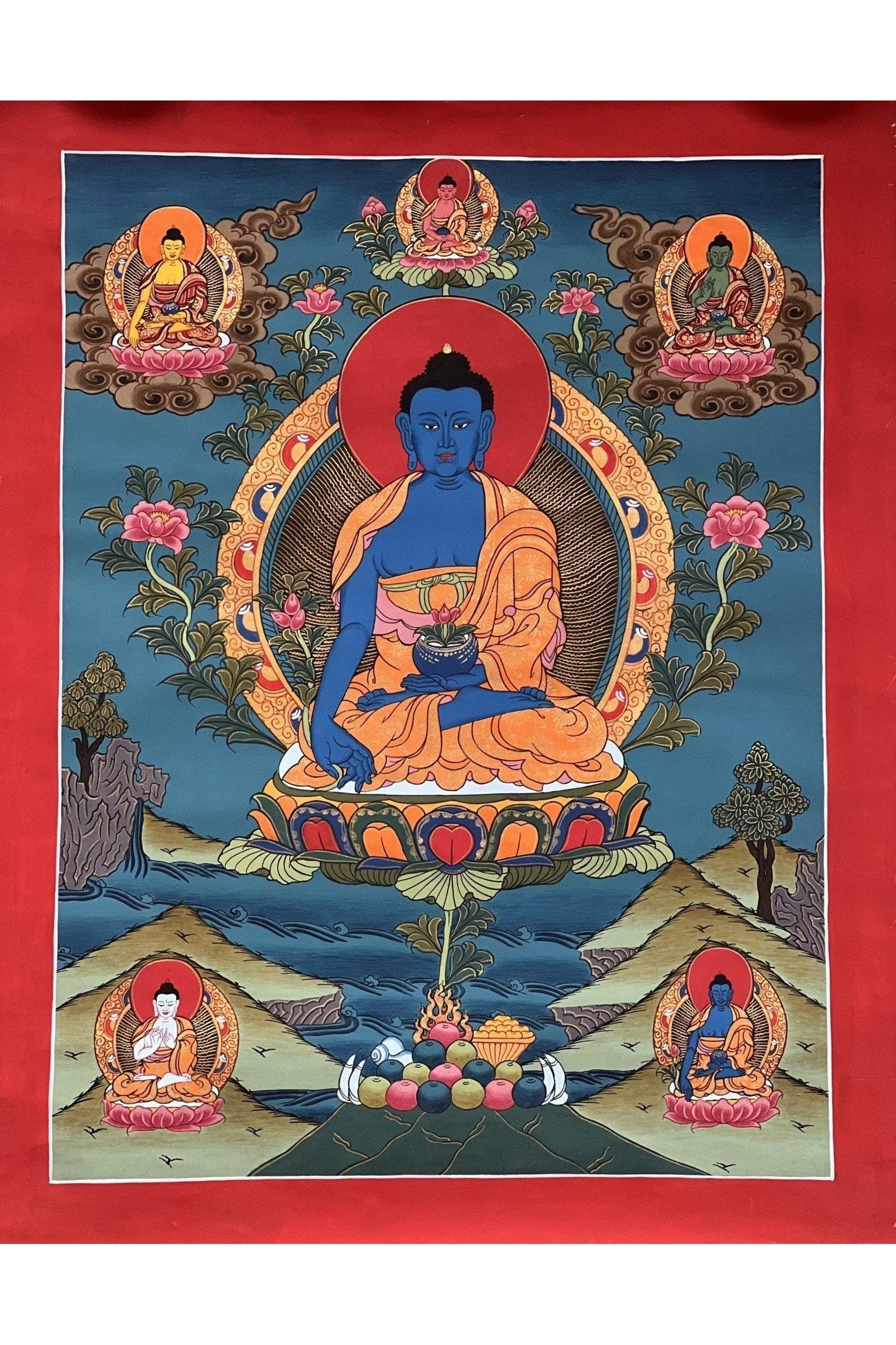 Medicine Buddha Medicine Guru Bhaisajyaguru Masterpiece Gold Tibetan Thangka Painting Original Hand Painted Buddhist Meditation Art - Tibetan Thangka Art