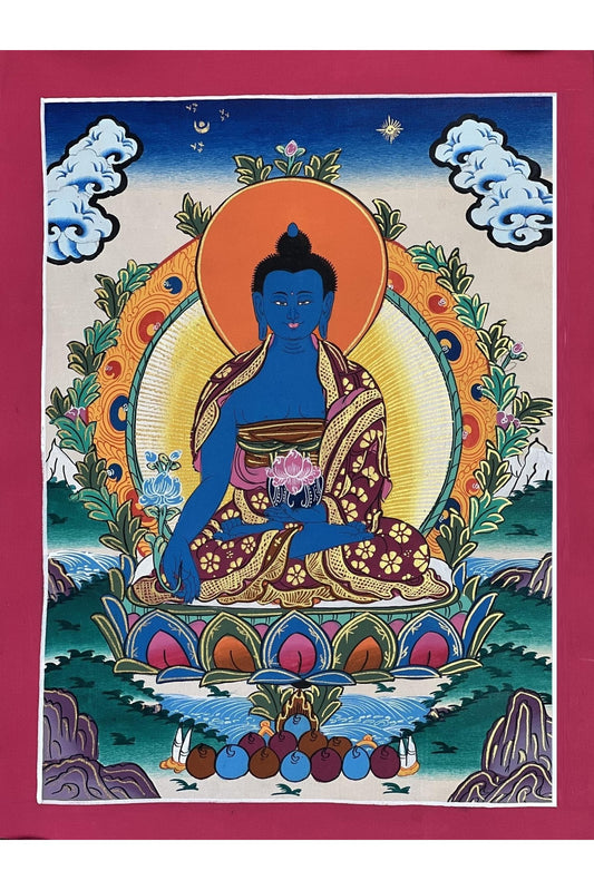 Medicine Buddha/ Medicine Master/ Bhaisajyaguru Tibetan Thangka Painting Original Hand Painted Buddhist Meditation Art - Tibetan Thangka Art