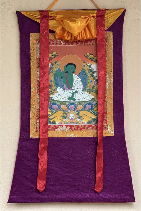 Milarepa, Jetsun Milarepa, Tibetan Yogi, Siddha, Poet, High Quality Tibetan Thangka Painting, Original Art with premium Silk Brocade - Tibetan Thangka Art