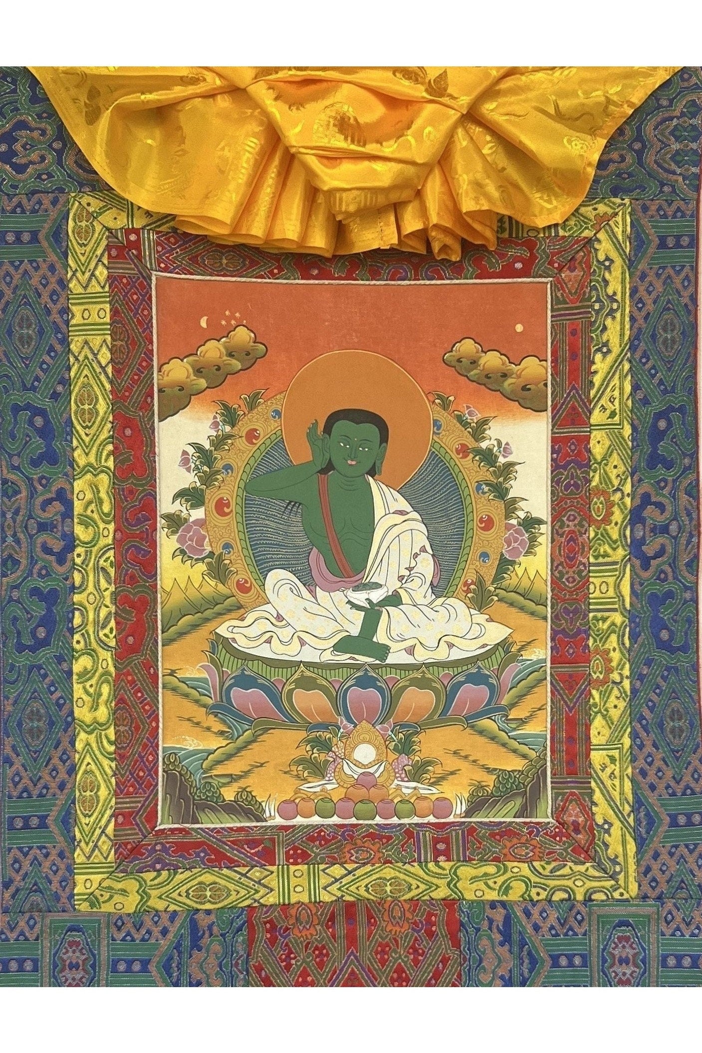 Milarepa/Jetsun Milarepa Tibetan Yogi Siddha Poet Master Quality Tibetan Thangka Painting, Original Art with Premium Silk Brocade - Tibetan Thangka Art