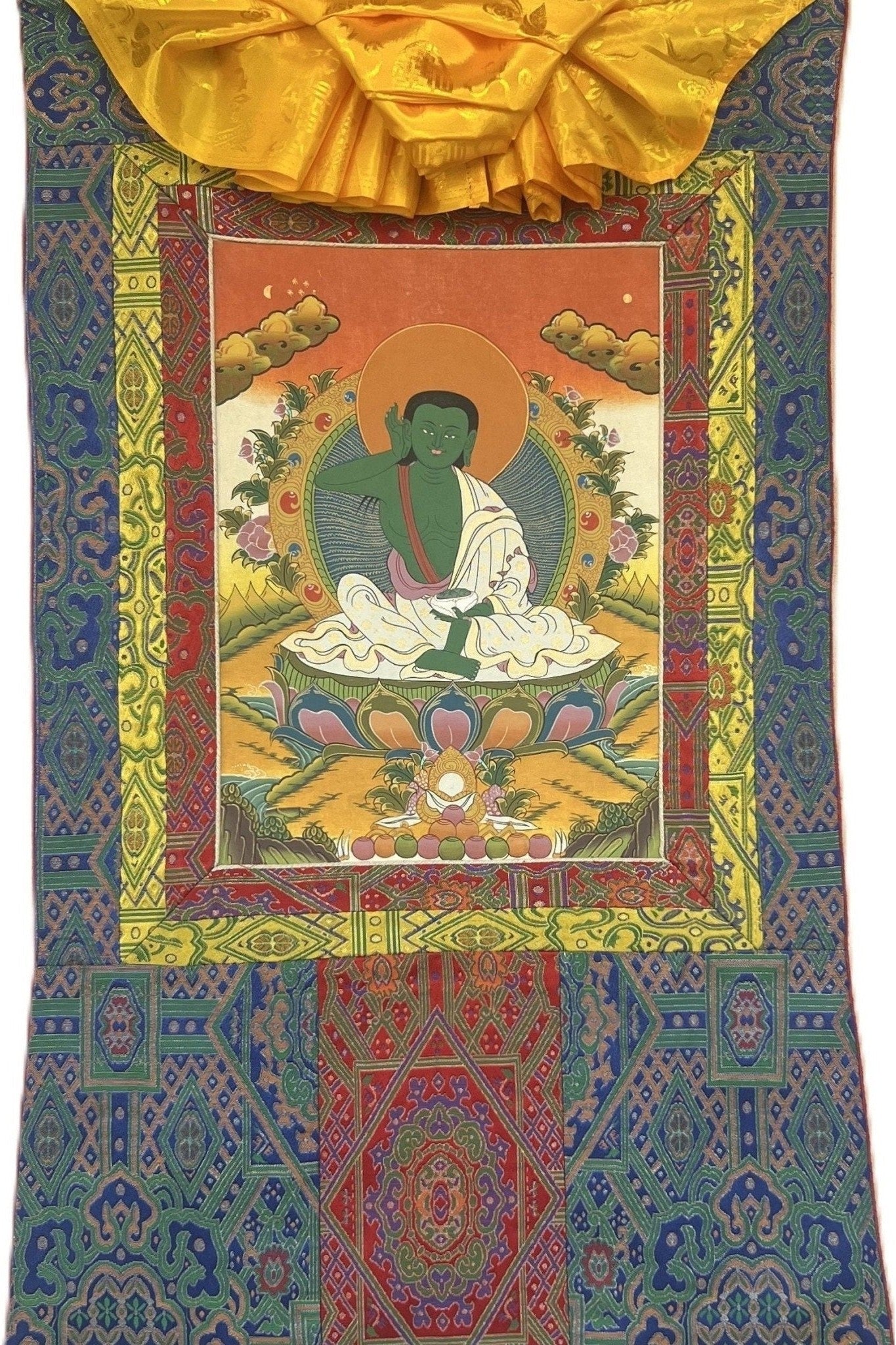 Milarepa/Jetsun Milarepa Tibetan Yogi Siddha Poet Master Quality Tibetan Thangka Painting, Original Art with Premium Silk Brocade - Tibetan Thangka Art