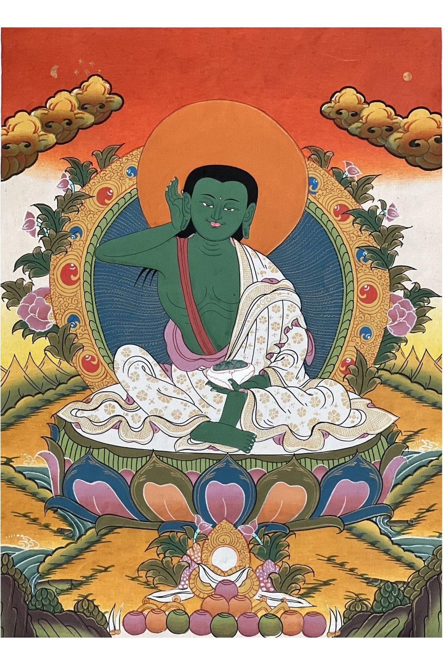 Milarepa/Jetsun Milarepa Tibetan Yogi Siddha Poet Master Quality Tibetan Thangka Painting, Original Art with Premium Silk Brocade - Tibetan Thangka Art