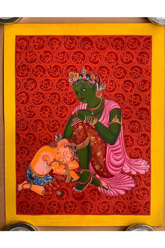 Mother Parvati with Ganesha Original Masterpiece Newari Paubha/ Thangka Painting Hindu Buddhist Art - Tibetan Thangka Art