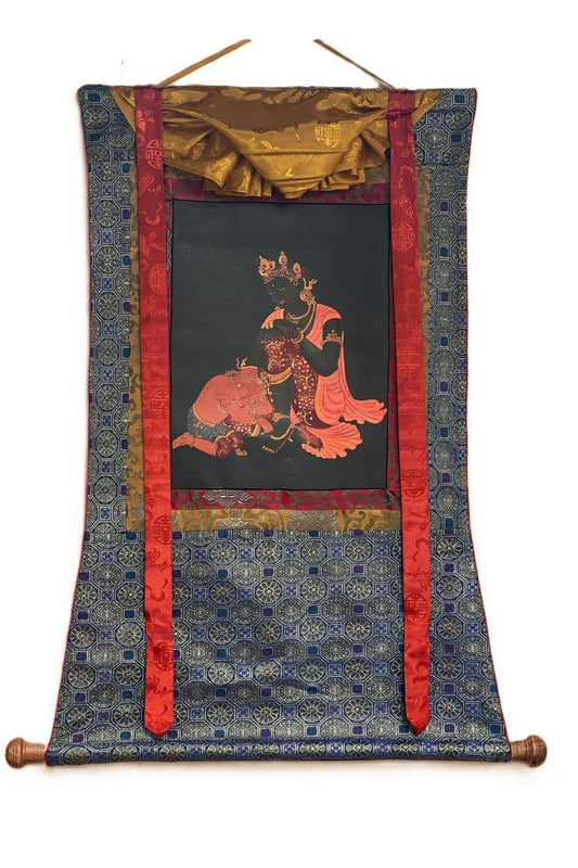 Mother Parvati with Ganesha Original Masterpiece Old Oil Varnished Newari Paubha/ Thangka Painting Hindu Buddhist Art with Silk Brocade - Tibetan Thangka Art