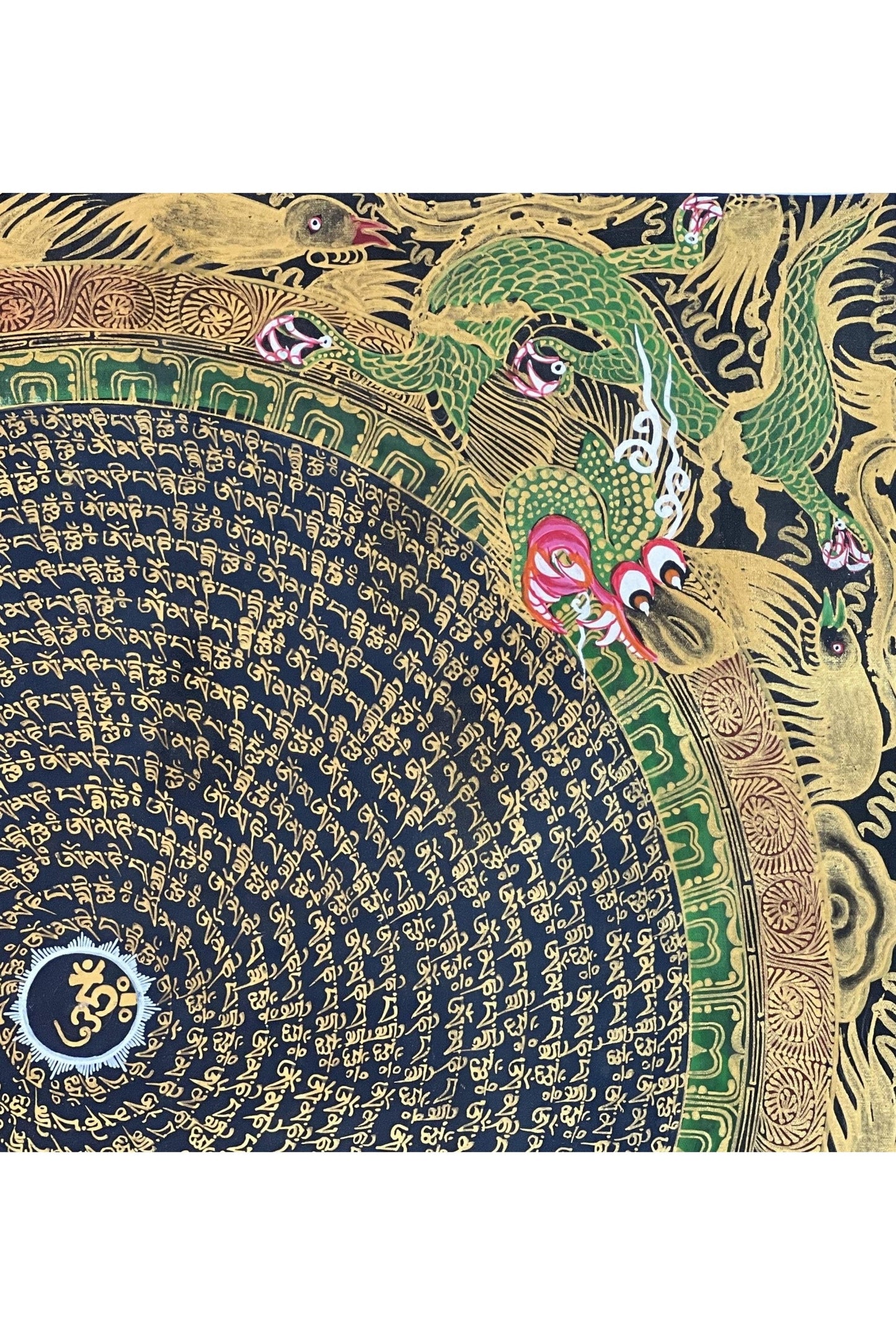 Om Mani Padme Hum Mantra Dragon Mandala Black and Gold Original Hand Painted Masterpiece Tibetan Thangka Painting/ Wall Hanging - Tibetan Thangka Art