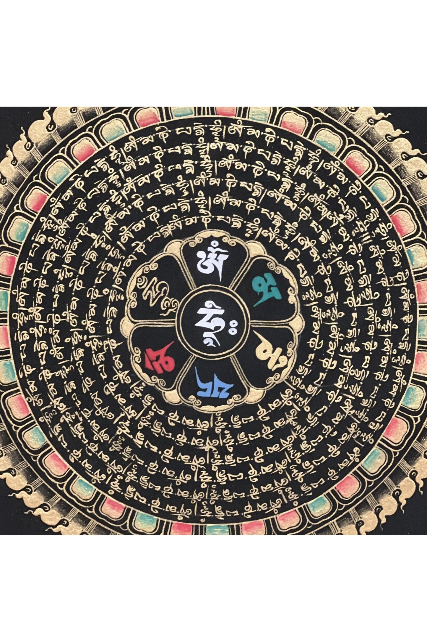 Om Mani Padme Hum Mantra Mandala Black and Gold Tibetan Thangka Painting Original Hand Painted Buddhist Meditation Art - Tibetan Thangka Art