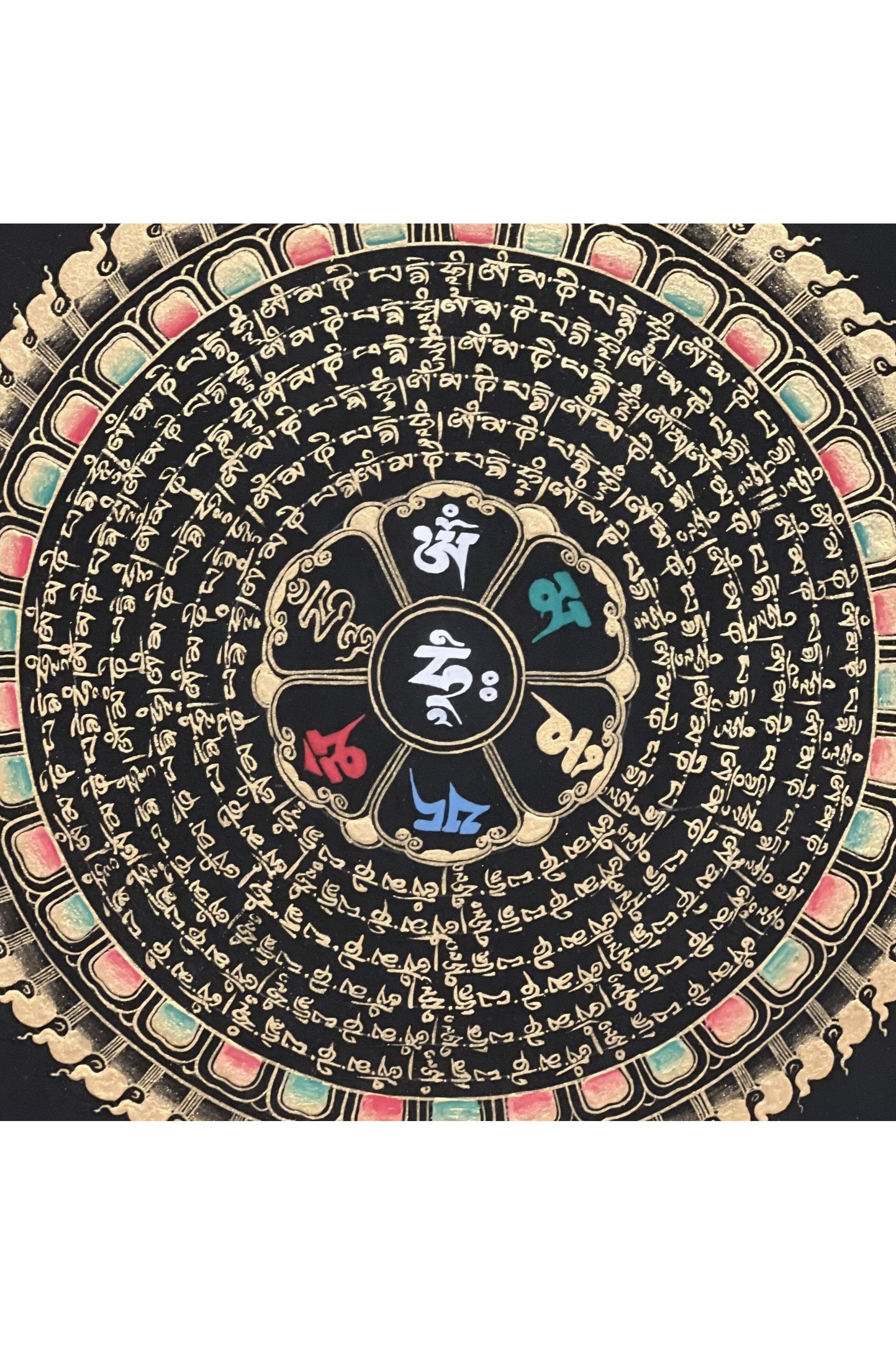 Om Mani Padme Hum Mantra Mandala Black and Gold Tibetan Thangka Painting Original Hand Painted Buddhist Meditation Art - Tibetan Thangka Art