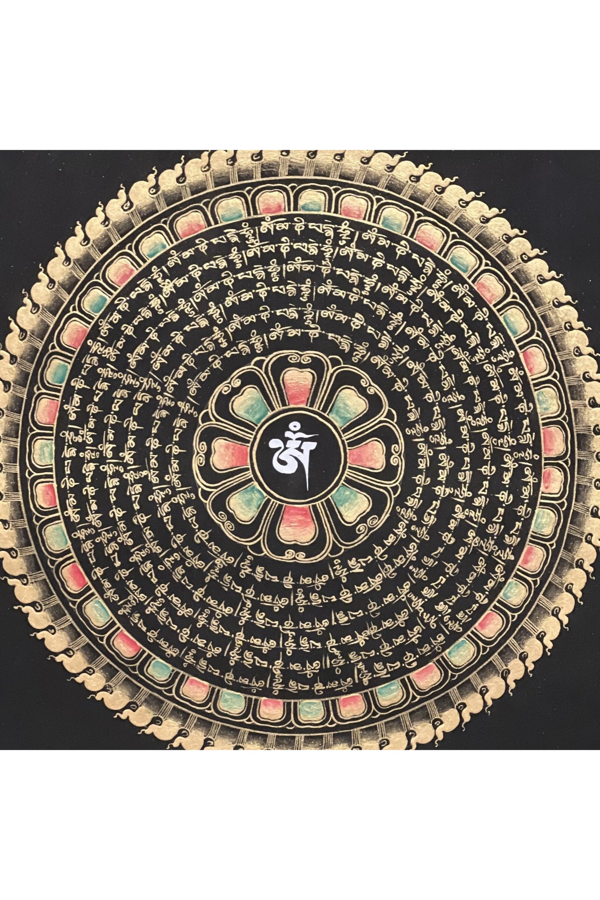 Om Mantra Mandala Black and Gold Tibetan Thangka Painting Original Hand Painted Buddhist Meditation Art - Tibetan Thangka Art