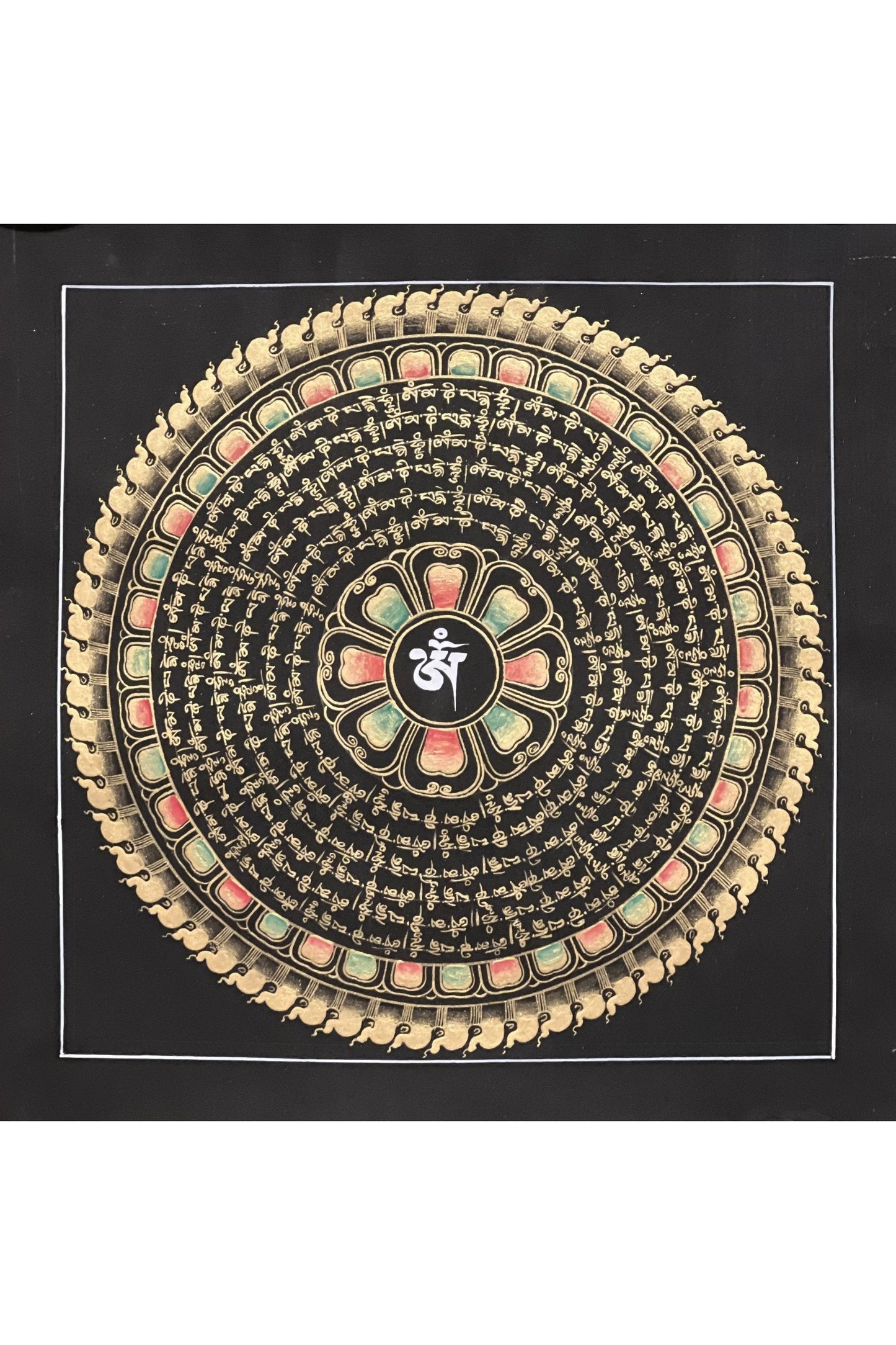 Om Mantra Mandala Black and Gold Tibetan Thangka Painting Original Hand Painted Buddhist Meditation Art - Tibetan Thangka Art