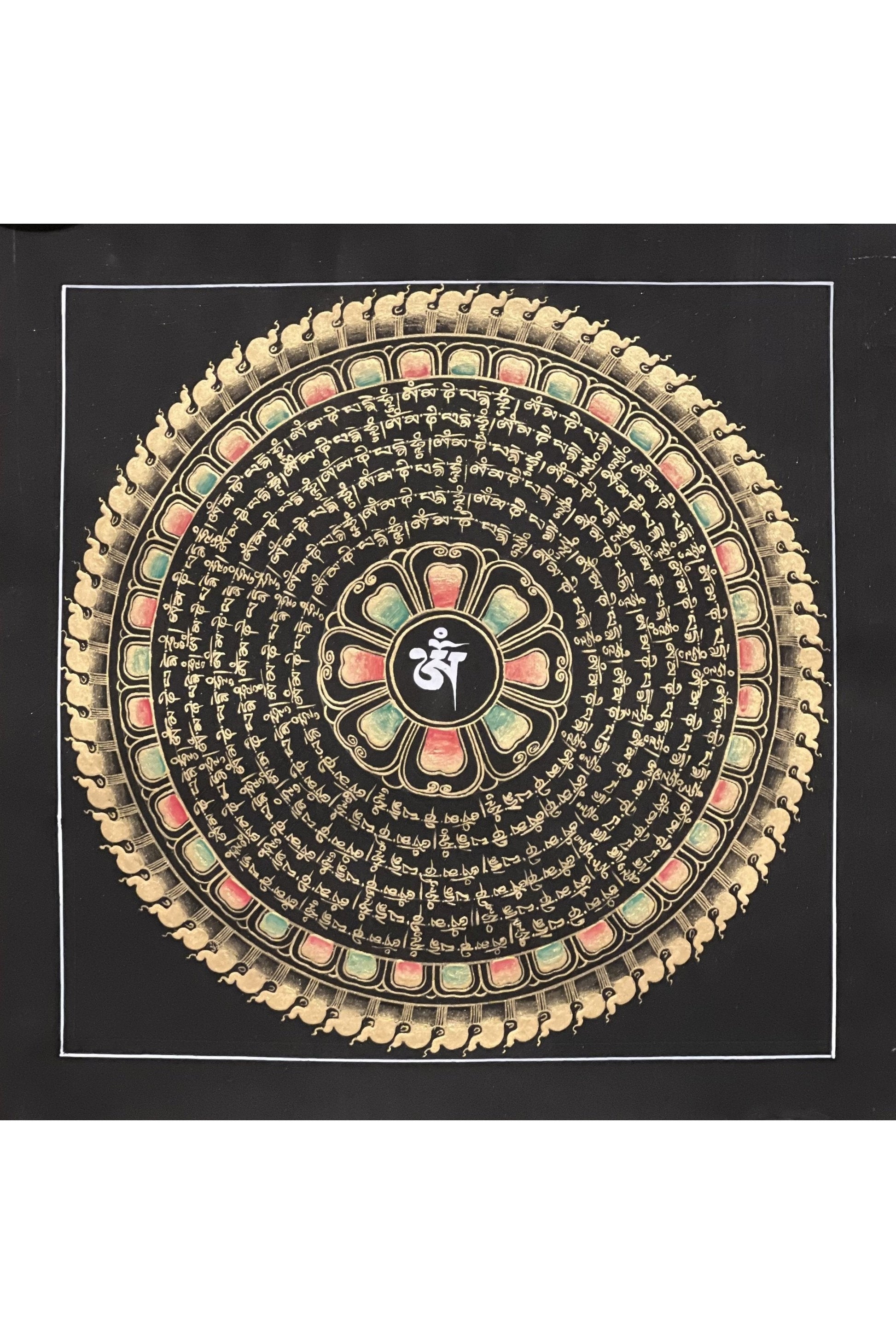 Om Mantra Mandala Black and Gold Tibetan Thangka Painting Original Hand Painted Buddhist Meditation Art - Tibetan Thangka Art